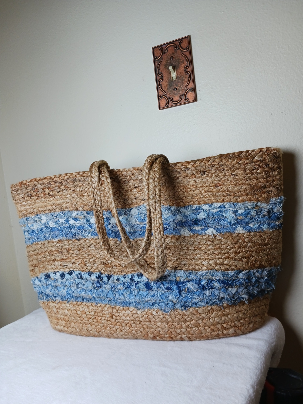Woven Jute Tote Bag with Blue Stripe